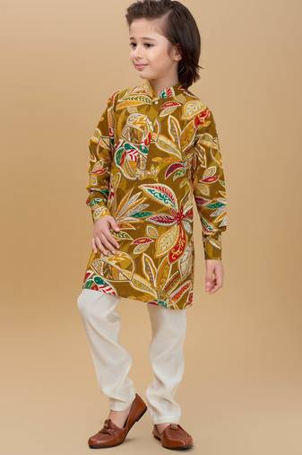 Yellow rayon woven printed kurta and pant set