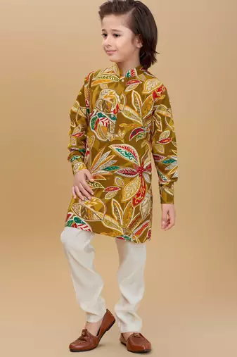 Yellow rayon woven printed kurta and pant set