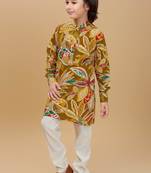 Yellow rayon woven printed kurta and pant set