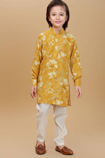 Yellow rayon woven floral printed kurta and pant set
