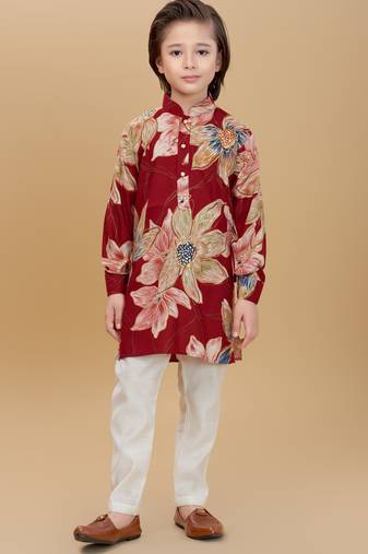 Maroon rayon woven floral printed kurta and pant set
