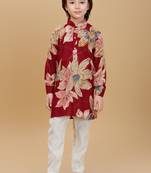 Maroon rayon woven floral printed kurta and pant set