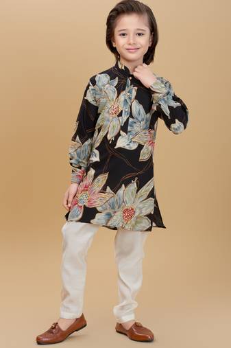 Black rayon woven floral printed kurta and pant set