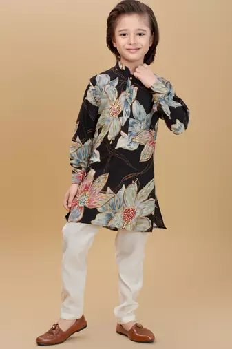 Black rayon woven floral printed kurta and pant set