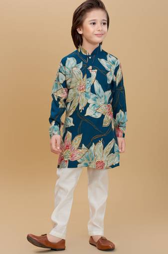 Teal rayon woven floral printed kurta and pant set