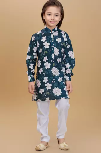 Green cotton blend woven floral printed kurta and pant set