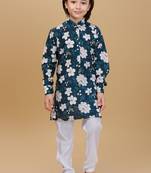 Green cotton blend woven floral printed kurta and pant set