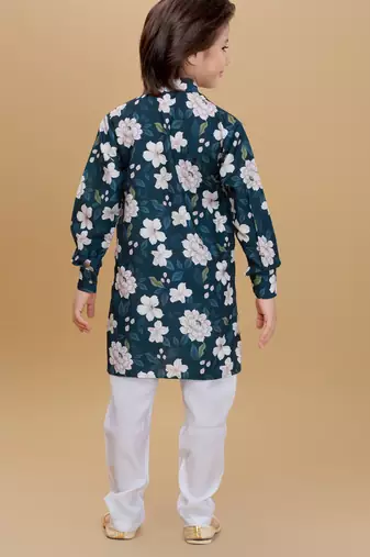 Green cotton blend woven floral printed kurta and pant set