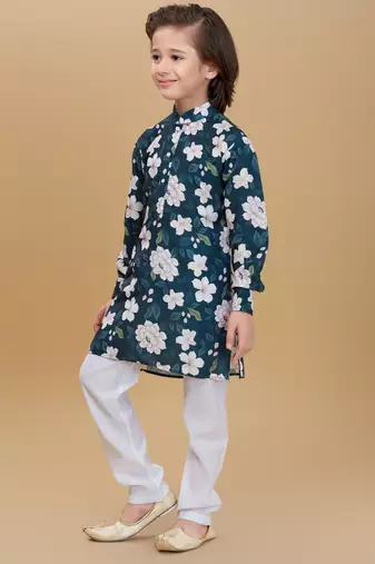 Green cotton blend woven floral printed kurta and pant set