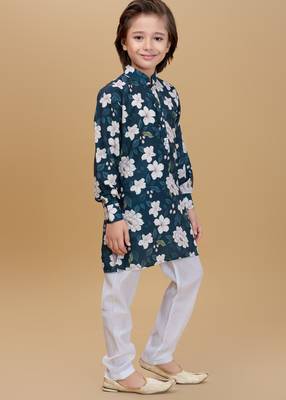 Green cotton blend woven floral printed kurta and pant set 4
