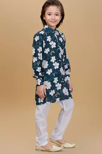 Green cotton blend woven floral printed kurta and pant set