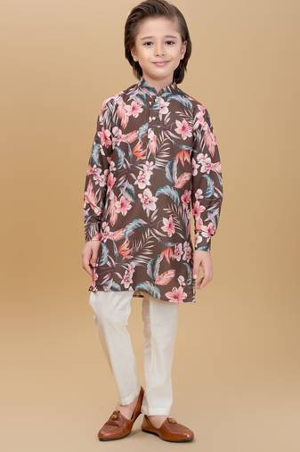 Olive green cotton blend woven floral printed kurta and pant set