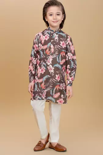 Olive green cotton blend woven floral printed kurta and pant set