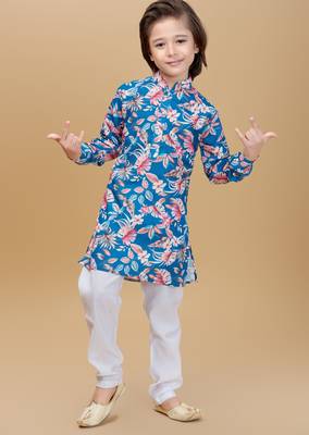 Teal cotton blend woven floral printed kurta and pant set 1