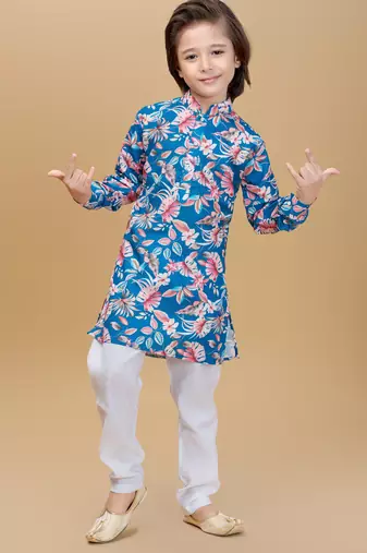 Teal cotton blend woven floral printed kurta and pant set