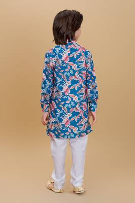 Teal cotton blend woven floral printed kurta and pant set 2