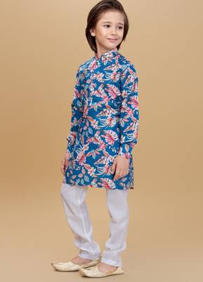 Teal cotton blend woven floral printed kurta and pant set 3