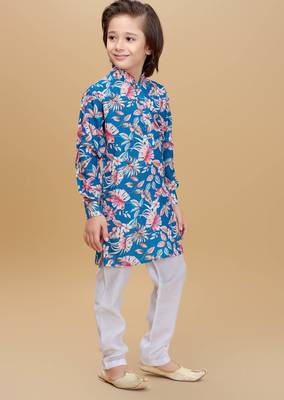 Teal cotton blend woven floral printed kurta and pant set 4