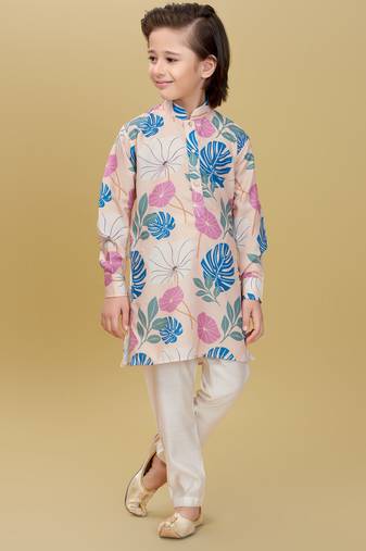 Beige cotton blend woven floral printed kurta and pant set