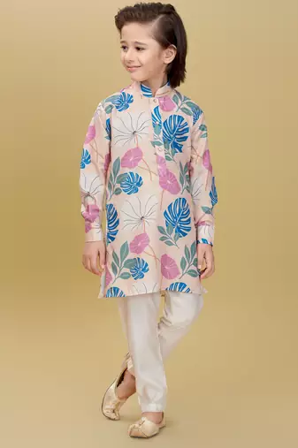 Beige cotton blend woven floral printed kurta and pant set