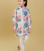 Beige cotton blend woven floral printed kurta and pant set
