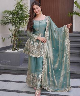 Teal fendy satin silk embroidery work party wear salwar suit 1