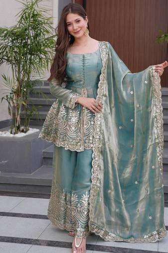 Teal color fendy satin silk embroidery work party wear salwar suit