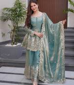 Teal fendy satin silk embroidery work party wear salwar suit