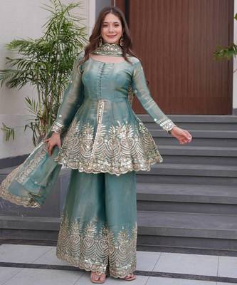 Teal fendy satin silk embroidery work party wear salwar suit 3