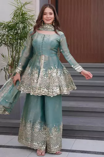 Teal fendy satin silk embroidery work party wear salwar suit
