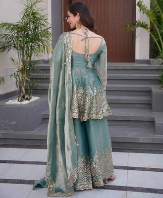 Teal fendy satin silk embroidery work party wear salwar suit 4
