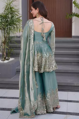 Teal fendy satin silk embroidery work party wear salwar suit