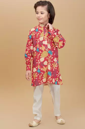 Red cotton blend woven floral printed kurta and pant set
