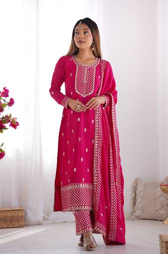Pink color pure chinnon silk embroidery work functional wear salwar suit