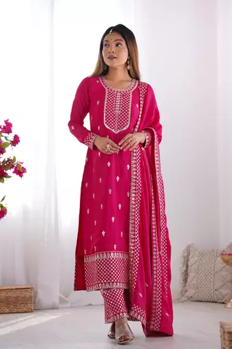 Pink color pure chinnon silk embroidery work functional wear salwar suit