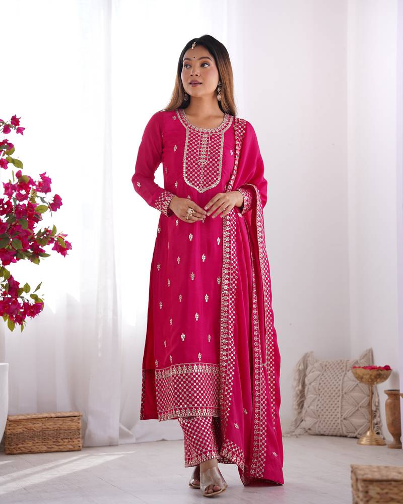 Pink color pure chinnon silk embroidery work functional wear salwar suit