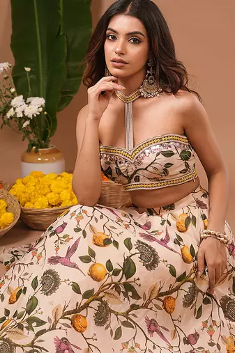 Cream Floral Printed ORGANZA lehenga