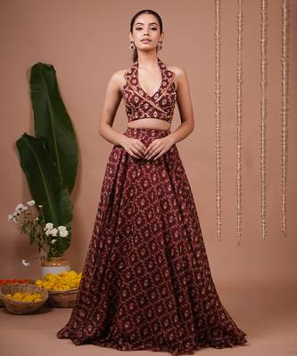 Maroon Floral Printed ORGANZA lehenga 1