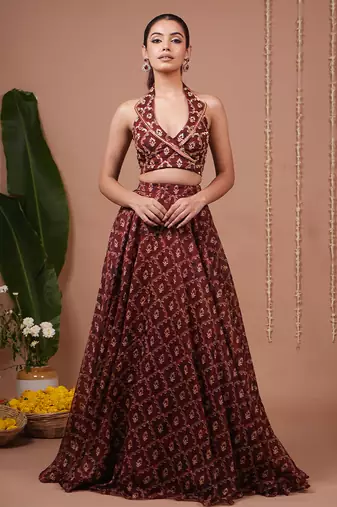 Maroon Floral Printed ORGANZA lehenga