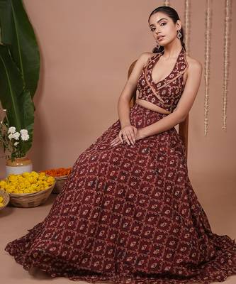 Maroon Floral Printed ORGANZA lehenga 2