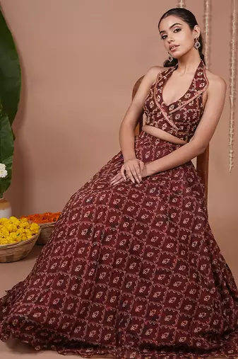 Maroon Floral Printed ORGANZA lehenga