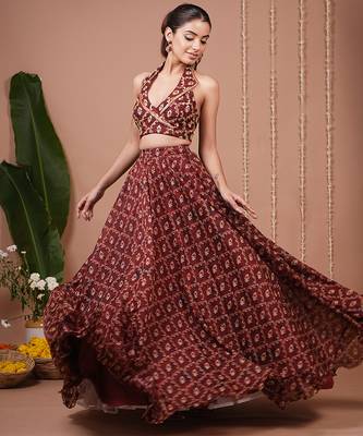 Maroon Floral Printed ORGANZA lehenga 3