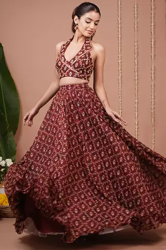 Maroon Floral Printed ORGANZA lehenga