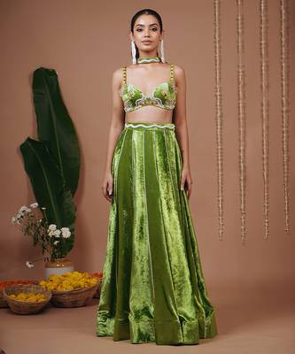 Green plain velvet lehenga 1
