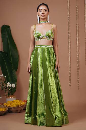 Green plain velvet lehenga