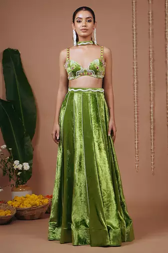 Green plain velvet lehenga