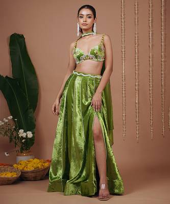 Green plain velvet lehenga 2