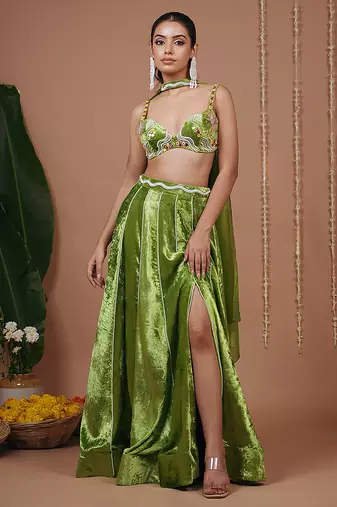 Green plain velvet lehenga