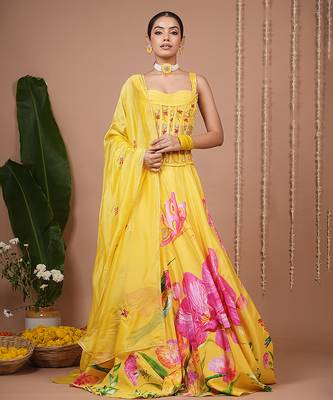 Mustard Floral Printed crepe lehenga 1