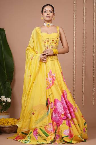 Mustard Floral Printed crepe lehenga